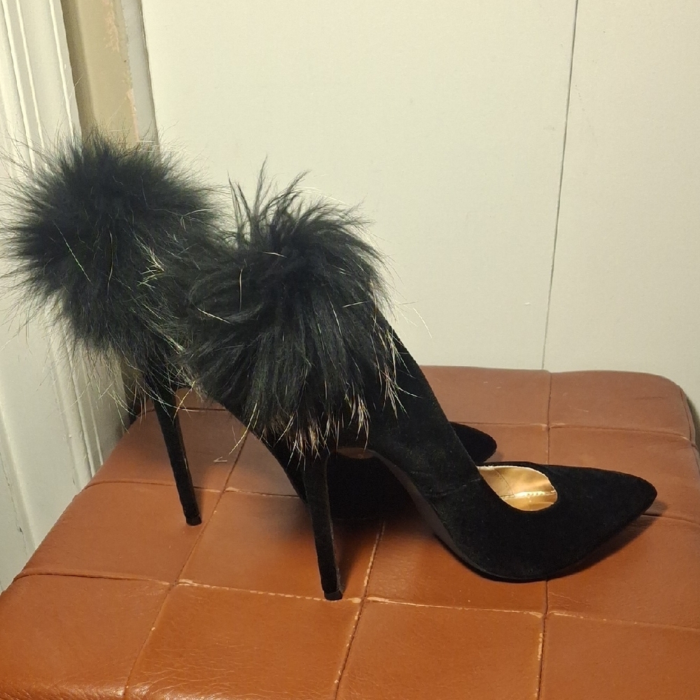 Black Fur-Trim Velvet High Heel Pumps - Women's Elegant Evening Shoes - Picture 2 of 9